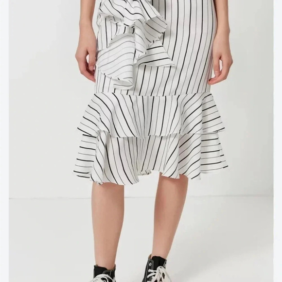Striped Ruffled Midi Waterfall Skirt. White with black stripes. XS - Picture 2 of 9